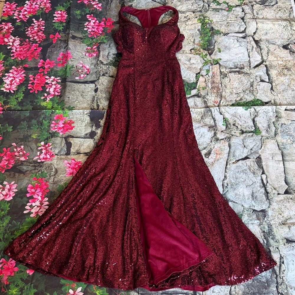 Elegant Tiffany Burgundy Sequin Evening Gown